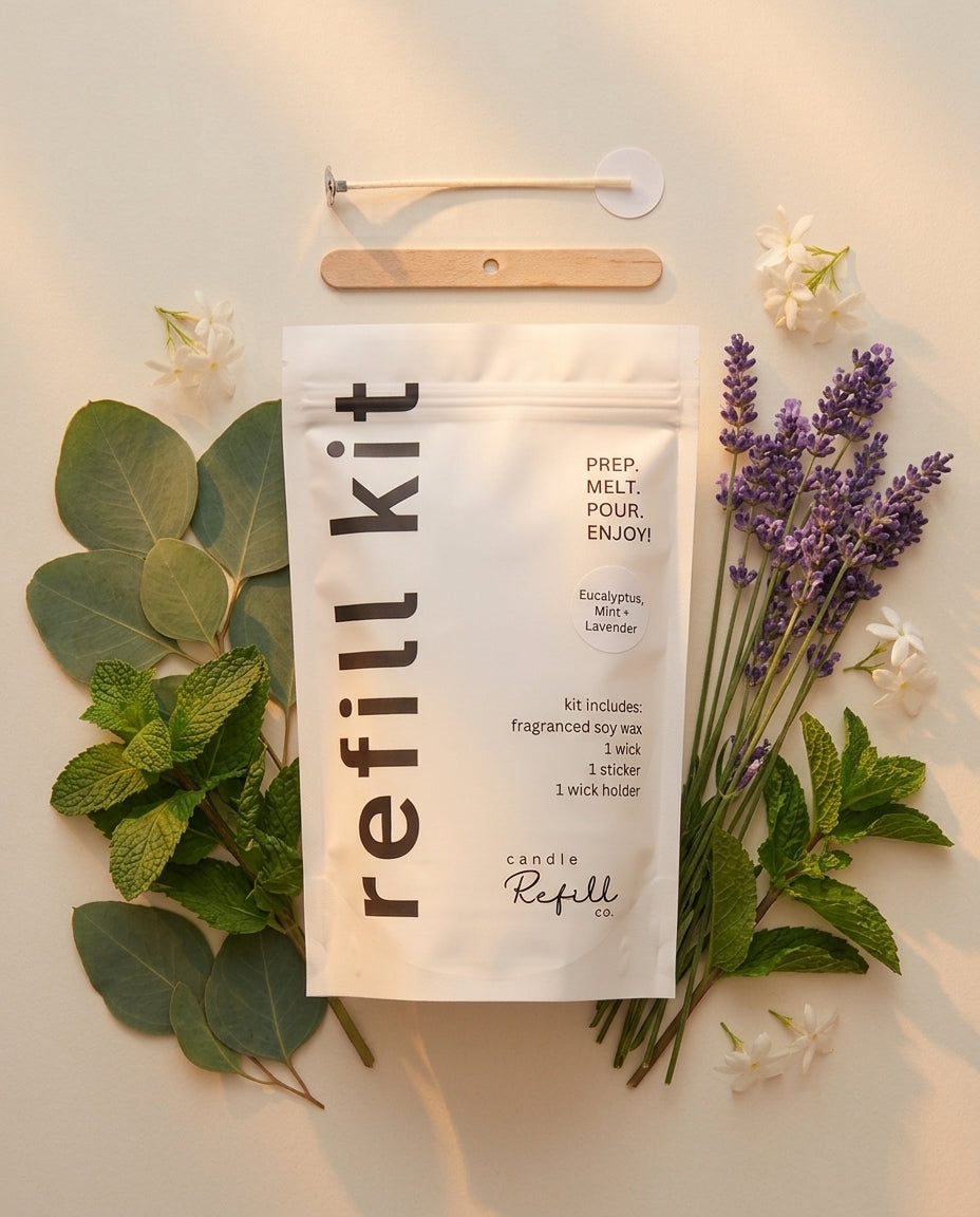 Eucalyptus, Mint + Lavender candle refill kit, wick holder, wick