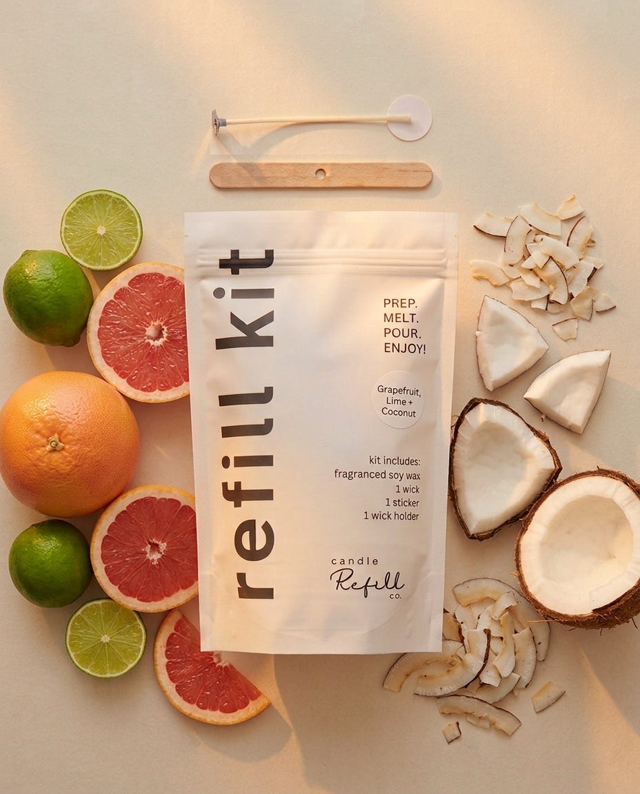 Grapefruit, Lime + Coconut candle refill kit, wick holder, wick