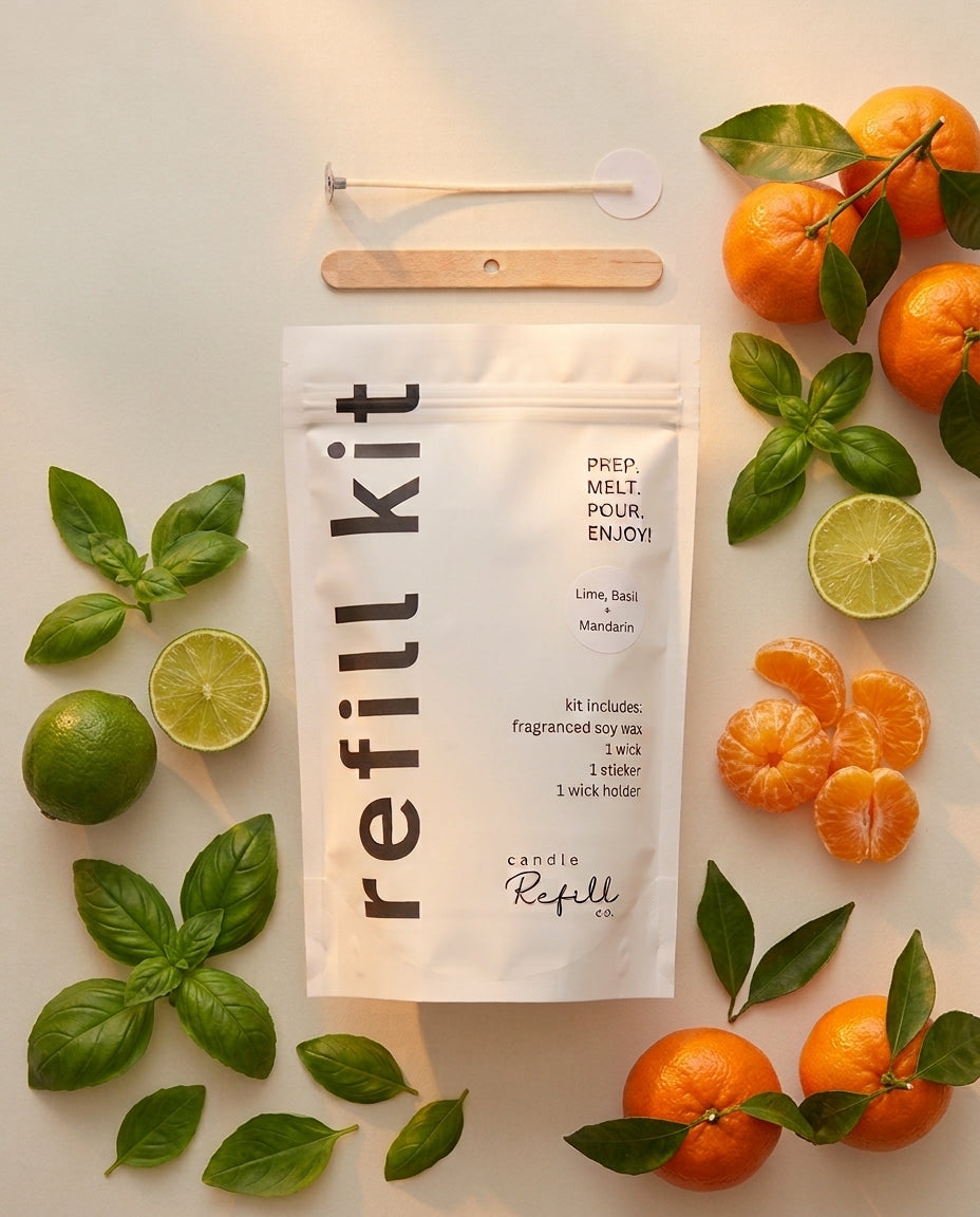 Lime, Basil + Mandarin candle refill kit, wick holder, wick