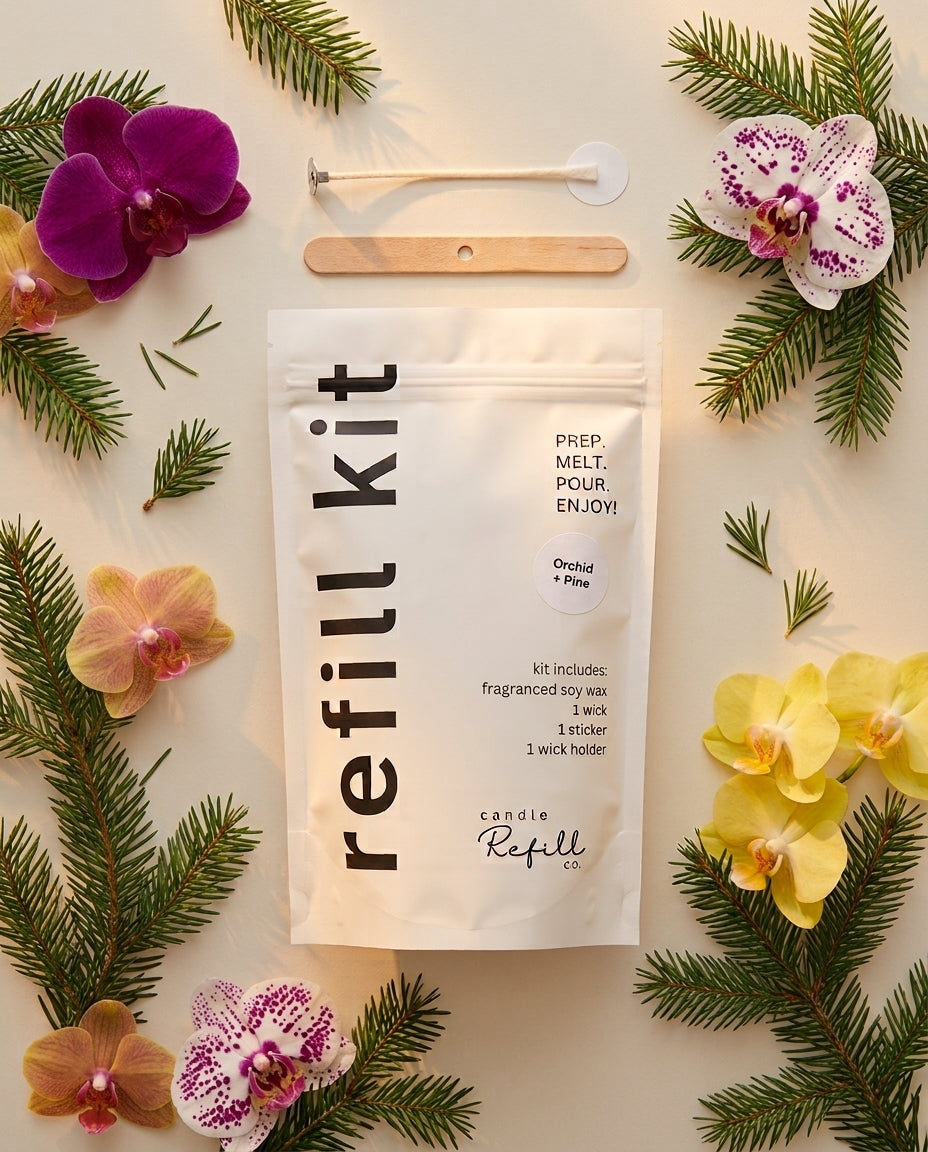 Orchid + Pine candle refill kit, wick holder, wick